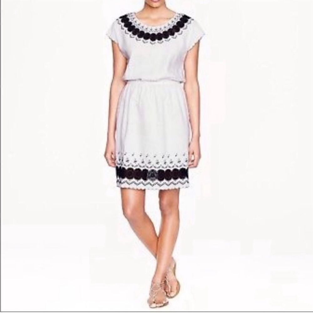 J CREW | off white navy embroidered cotton linen dress 0
